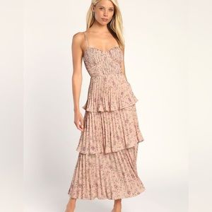 Cascading Crush Pink Floral Print Tiered Bustier Midi Dress